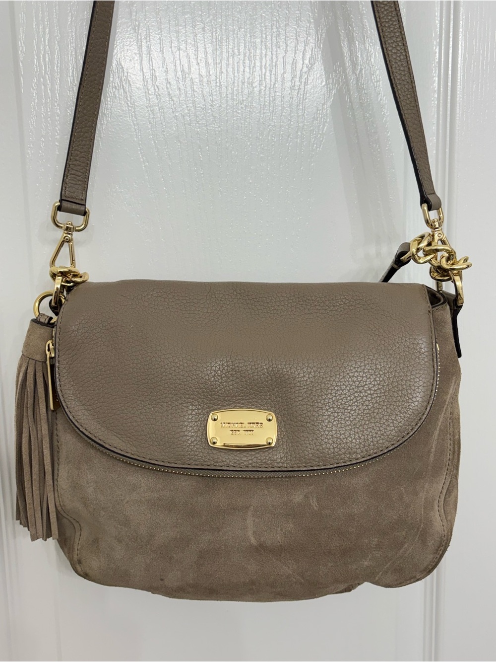 Michael Kors Taupe Leather & Suede Crossbody with Tassel